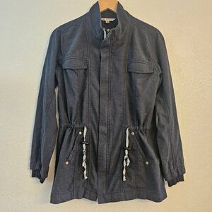 NWOT CAbi Weekend Moto Cinch Waist Fitted Stretch Flattering Jacket: Denim color